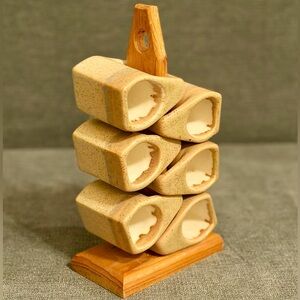 Rodolfo Padilla stackable stoneware mug set+wooden stand  Vintage Neutral Colors